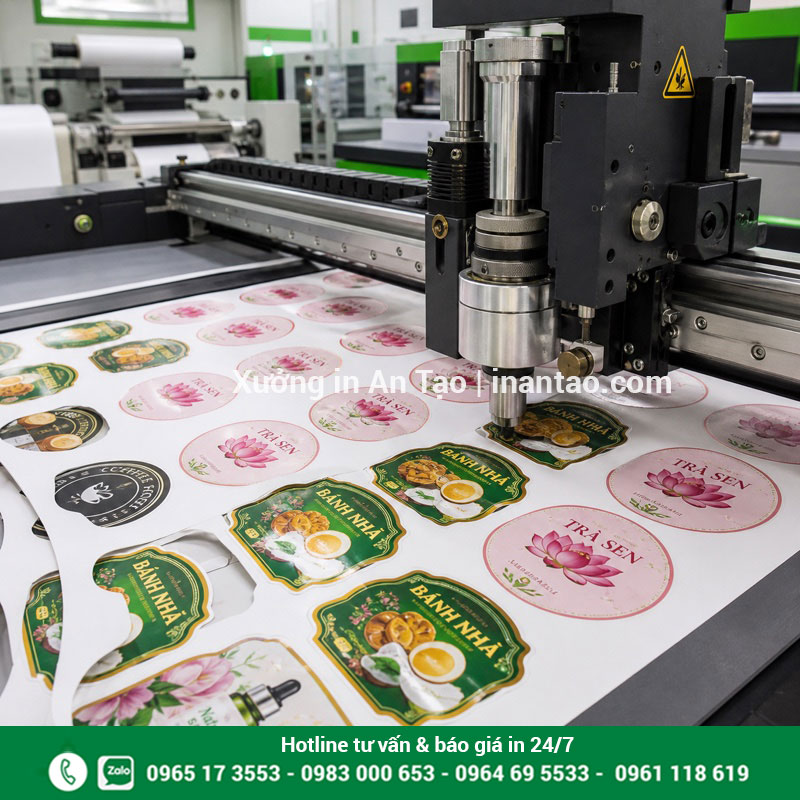 Gia công bế demi decal sticker Máy bế demi đang cắt đường viền in decal sticker đã hoàn thiện thiết kế