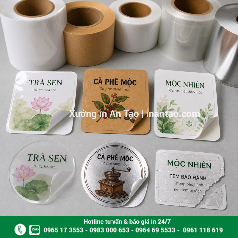 So sánh chất liệu in decal phổ biến Các chất liệu in decal giấy, kraft, nhựa trong, nhựa sữa, xi bạc và tem vỡ
