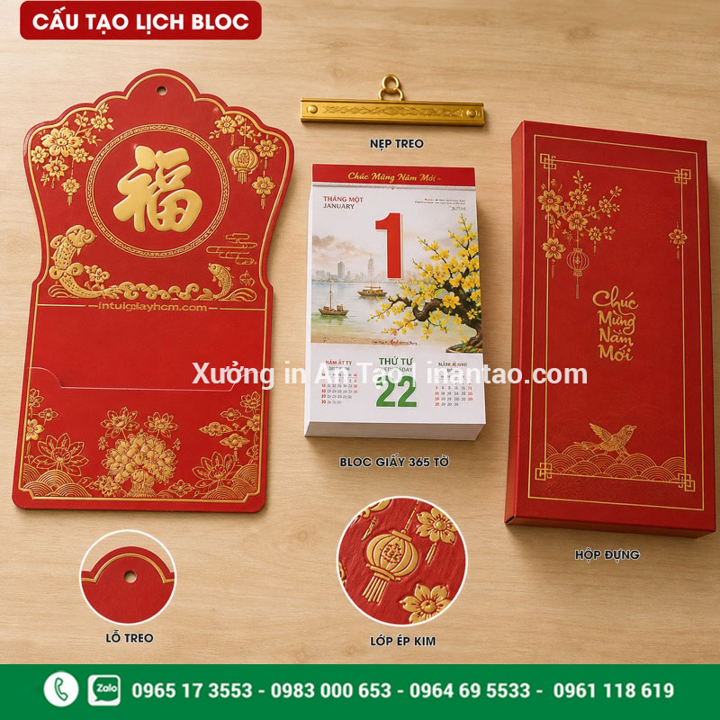 Cấu tạo bộ lịch bloc hoàn chỉnh Cấu tạo lịch bloc gồm khánh, bloc 365 tờ, nẹp treo và hộp