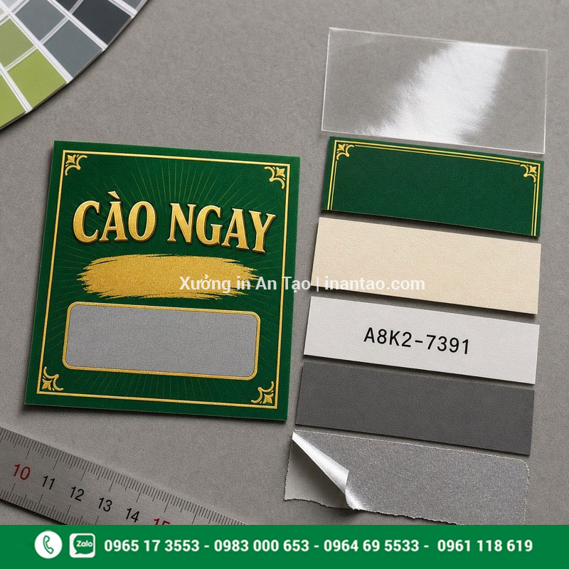 Cấu tạo vật liệu khi in ấn thẻ cào Cấu tạo thẻ cào phủ nhũ gồm giấy in mã và lớp bạc