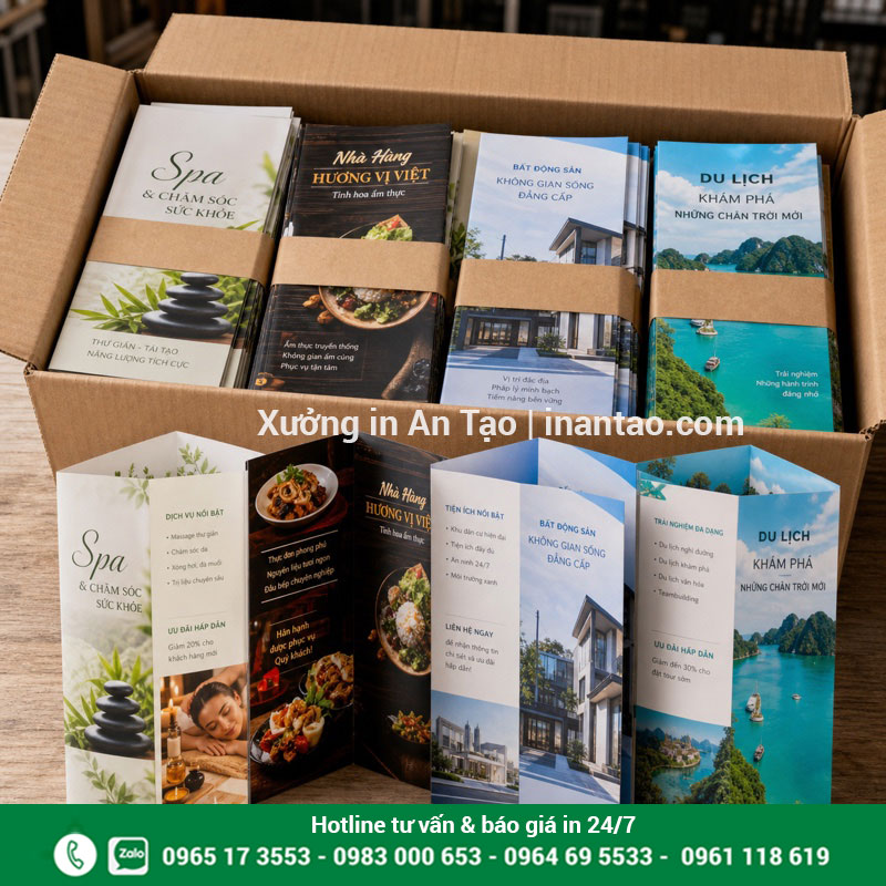 Đóng gói đơn hàng in brochure tại intuigiayhcm.com Brochure thành phẩm nhiều ngành được bó và đóng thùng giao hàng