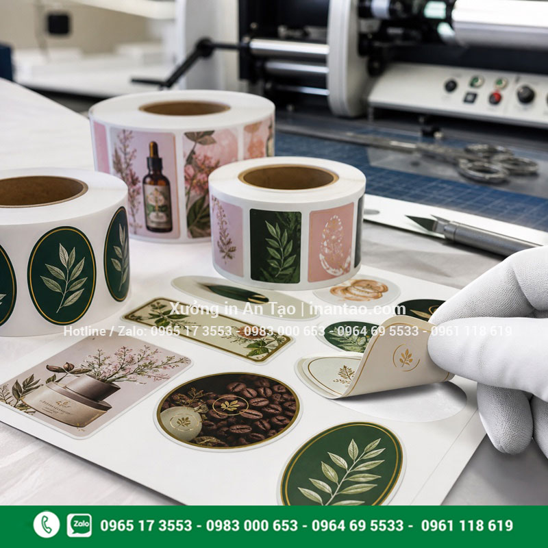 Bế thành phẩm tem nhãn theo hình dáng yêu cầu Gia công bế tem nhãn dạng tờ và cuộn với đường cắt sắc nét