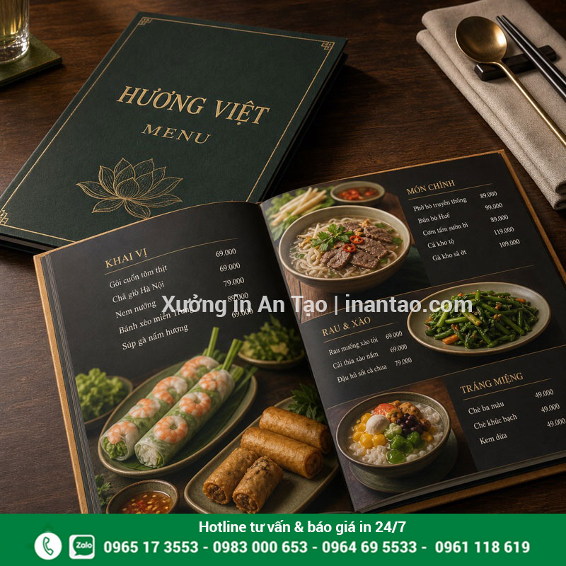 In menu bìa cứng bền đẹp, giữ phom tốt Mẫu in menu bìa cứng mở phẳng với bìa cán mờ chắc chắn