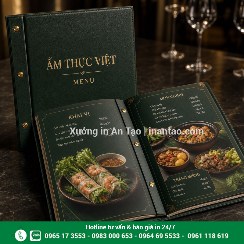 In menu cao cấp cho nhà hàng và khách sạn Mẫu in menu cao cấp bìa da xanh đậm ép kim và đóng ốc