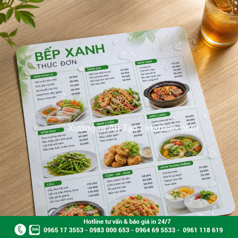 In menu giấy nhựa bền màu và dễ lau chùi In menu giấy nhựa chống nước với giọt nước trên bề mặt