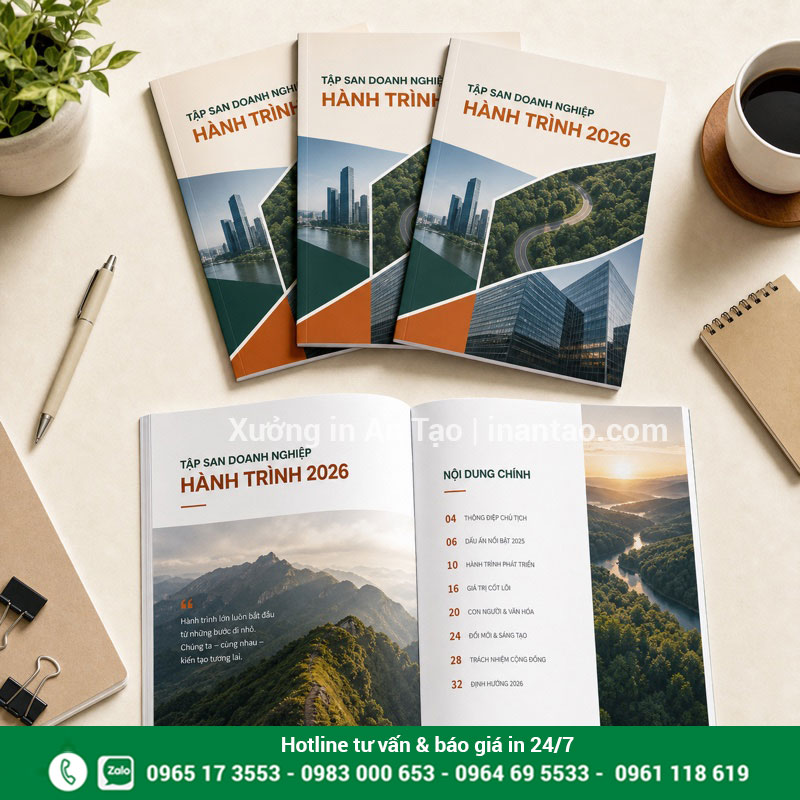 In tập san doanh nghiệp theo nhận diện thương hiệu Bộ tập san doanh nghiệp hoàn thiện với bìa và trang nội dung đồng bộ