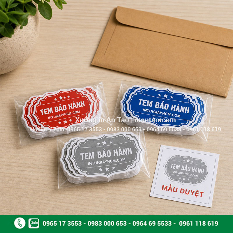 In tem bảo hành số lượng ít theo mẫu duyệt Đơn in tem bảo hành số lượng ít được đóng gói gọn gàng