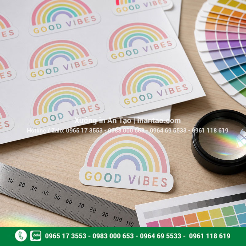 Kiểm tra chất lượng decal 7 màu thường Kiểm tra kích thước và đường bế decal 7 màu thường