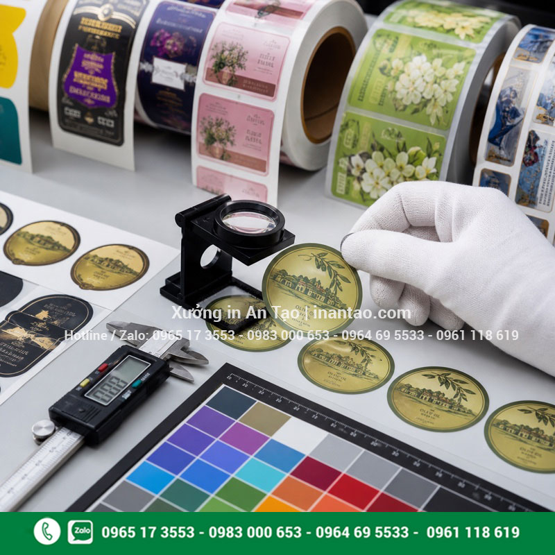 Kiểm tra chất lượng tem nhãn trước khi đóng gói Kiểm tra màu sắc kích thước và đường bế của tem nhãn thành phẩm