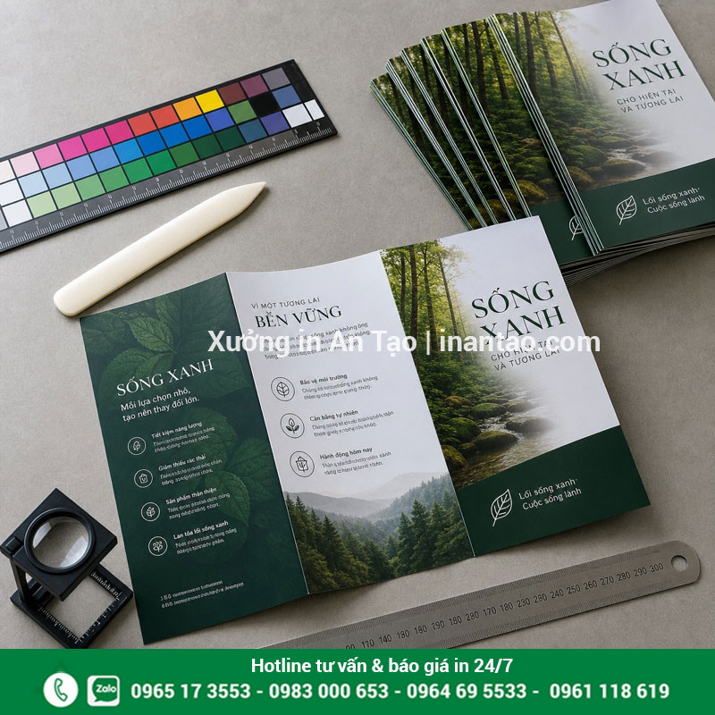 Kiểm tra chất lượng brochure sau in Kiểm tra màu sắc, kích thước và nếp gấp brochure thành phẩm