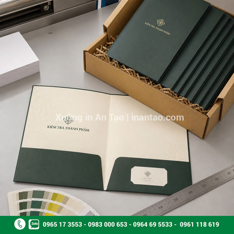 Kiểm tra thành phẩm in bìa kẹp hồ sơ Kiểm tra màu sắc kích thước và đóng gói bìa kẹp hồ sơ thành phẩm