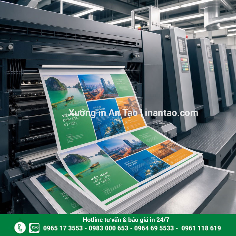 Quy trình in ấn brochure bằng máy offset Máy offset đang in các tờ brochure bốn màu