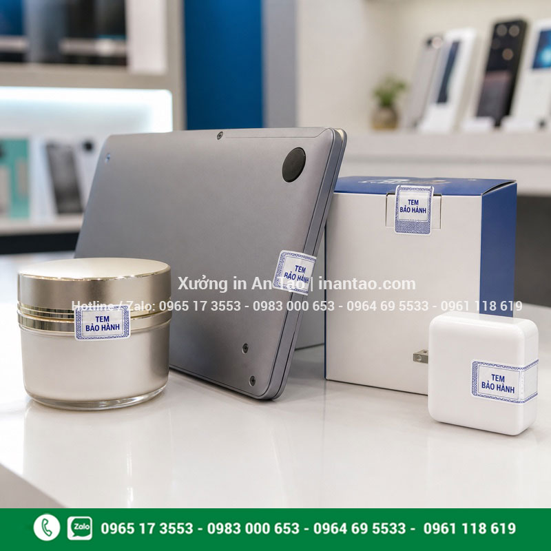 Ứng dụng tem bảo hành trên sản phẩm Tem bảo hành dán trên thiết bị điện tử và hũ mỹ phẩm
