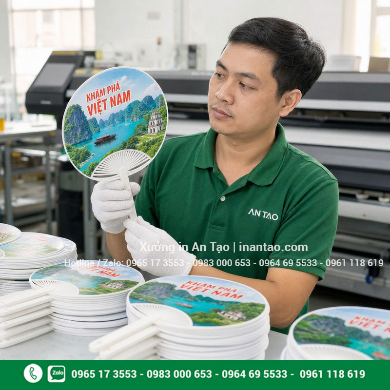 Xưởng sản xuất quạt nhựa intuigiayhcm.com Xưởng sản xuất quạt nhựa với nhân viên An Tạo kiểm tra quạt in hoàn thiện
