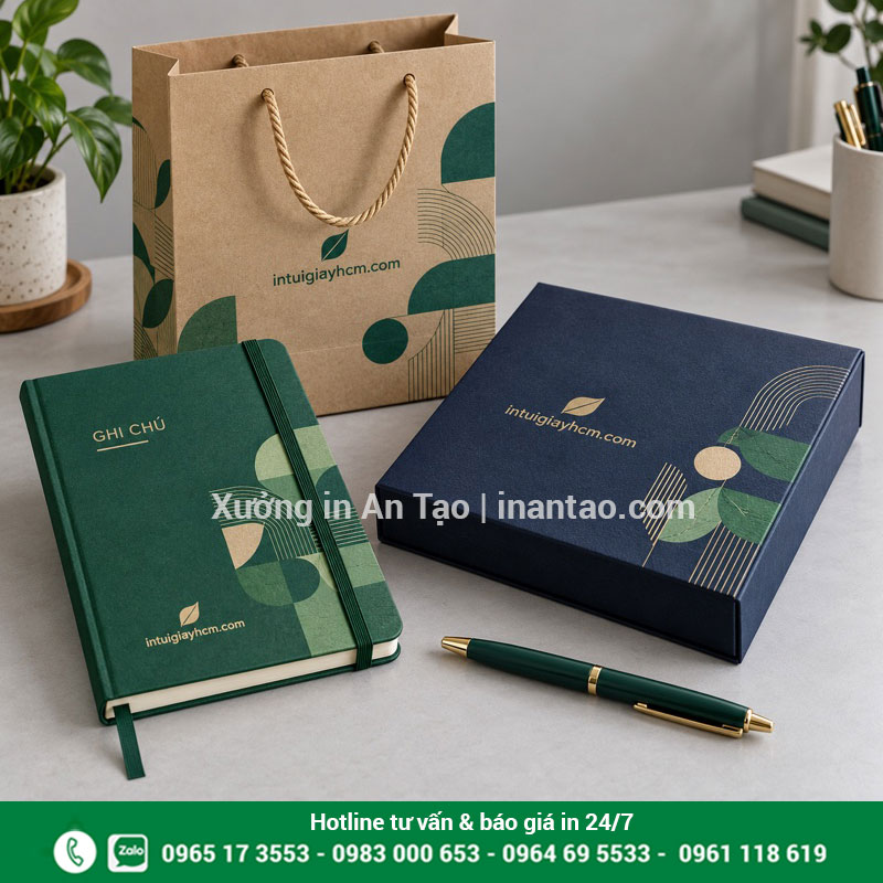 Gợi ý bộ quà tặng doanh nghiệp với sổ note Bộ quà tặng gồm sổ note in logo, bút, hộp giấy và túi giấy đồng bộ