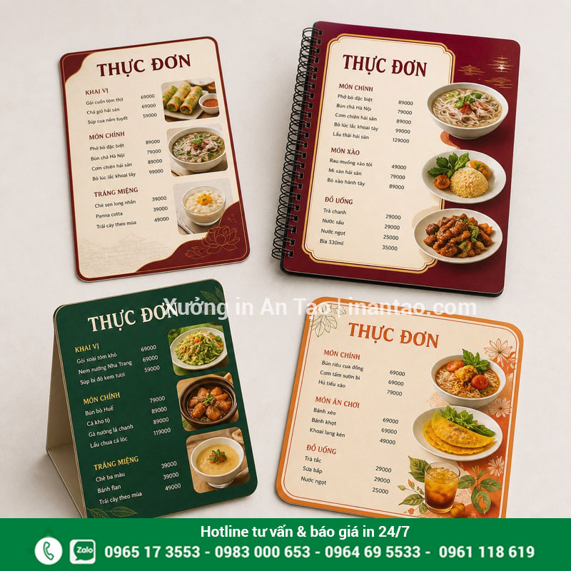 Các kiểu in menu nhựa theo yêu cầu Các kiểu menu nhựa tờ rời, đóng lò xo và để bàn