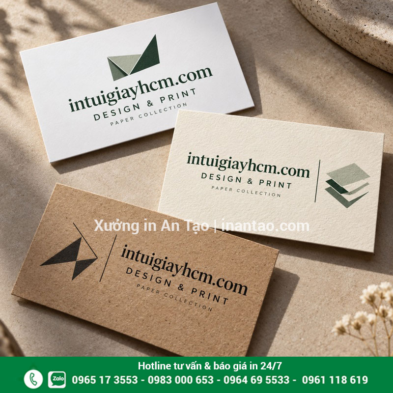 Chọn chất liệu giấy cho danh thiếp Ba mẫu danh thiếp trên giấy trắng, giấy mỹ thuật màu kem và giấy kraft