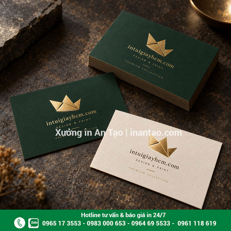 Mẫu danh thiếp ép kim tạo điểm nhấn thương hiệu Danh thiếp xanh đậm và trắng kem có biểu tượng ép kim vàng