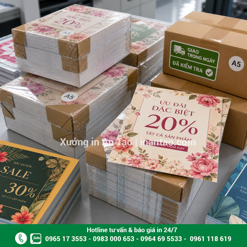 Đóng gói đơn in tờ rơi lấy trong ngày Các kiện tờ rơi A5 được đóng gói để giao trong ngày