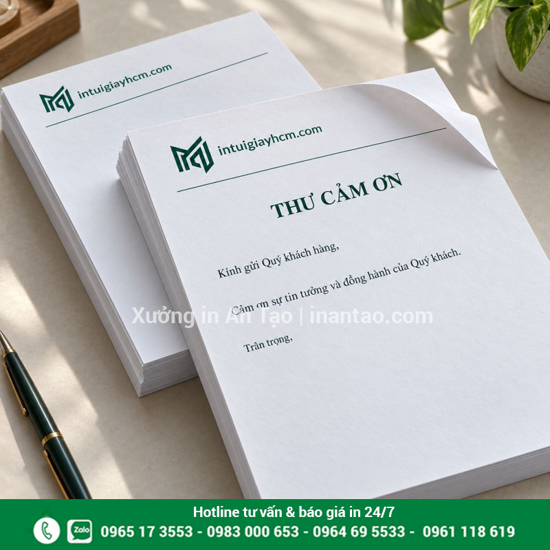 Giấy Ford dùng để in tiêu đề thư Cận cảnh bề mặt giấy Ford và nét in xanh trên mẫu thư cảm ơn