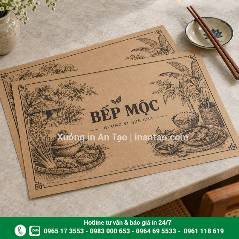 Giấy kraft lót bàn với thiết kế mộc mạc Hai tờ giấy kraft lót bàn in chữ Bếp Mộc và hình món ăn bằng mực đen