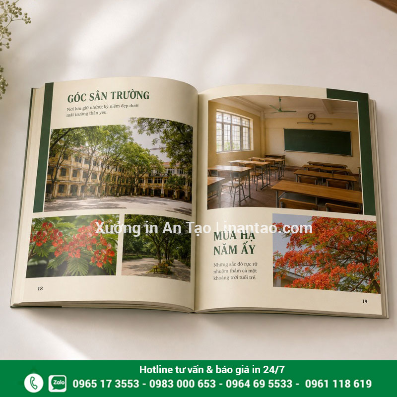 Mẫu bố cục in ảnh kỷ yếu trên trang ruột Trang ruột kỷ yếu mở đôi với ảnh sân trường, lớp học và hoa phượng