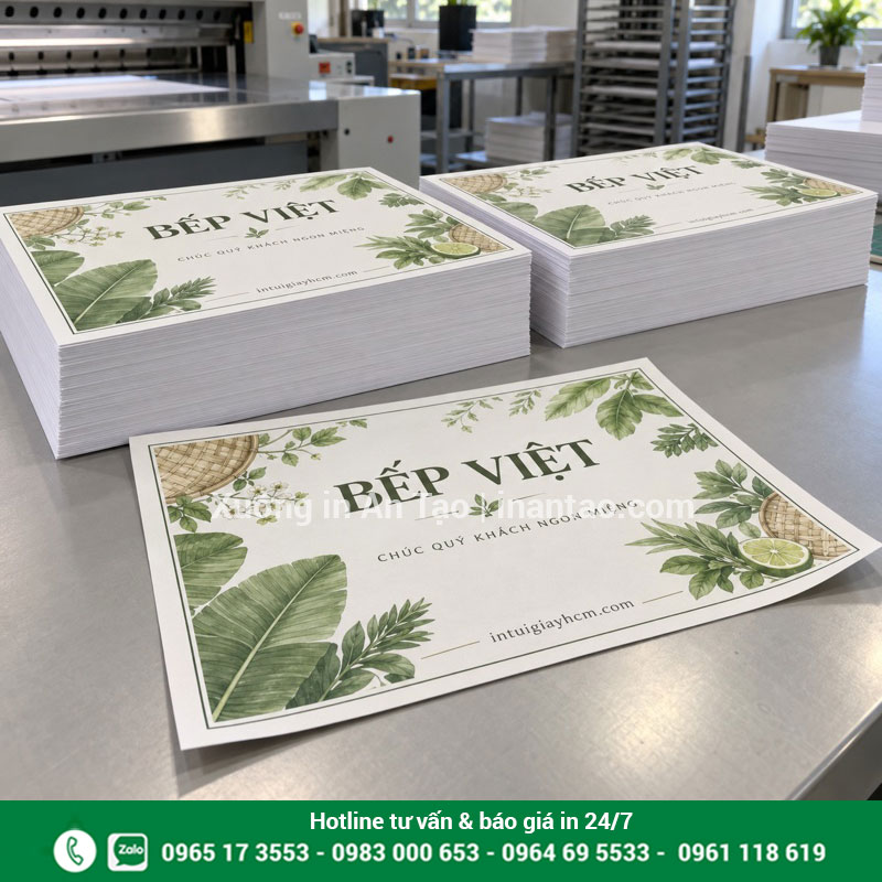 Minh họa giấy lót bàn sau in và cắt thành phẩm Các chồng giấy lót bàn in họa tiết xanh và tờ mẫu trên bàn hoàn thiện