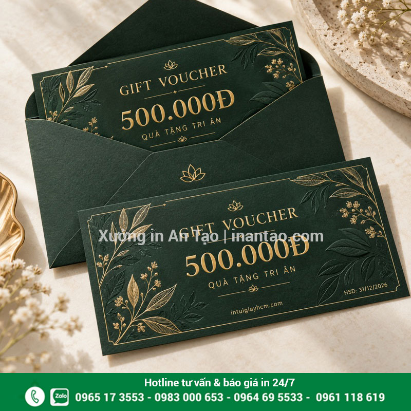 Gift voucher kèm bao thư trang trọng Gift voucher 500.000đ màu xanh đậm với chi tiết vàng và bao thư đồng bộ