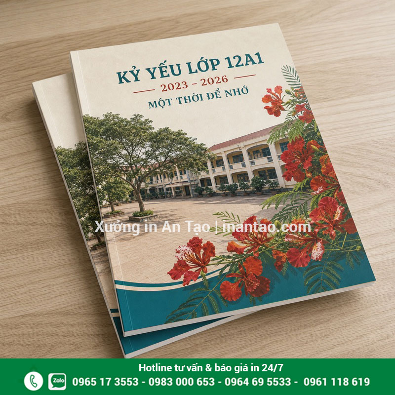 Mẫu in kỷ yếu lớp 12A1 Mẫu kỷ yếu lớp 12A1 niên khóa 2023–2026 với bìa hoa phượng và sân trường