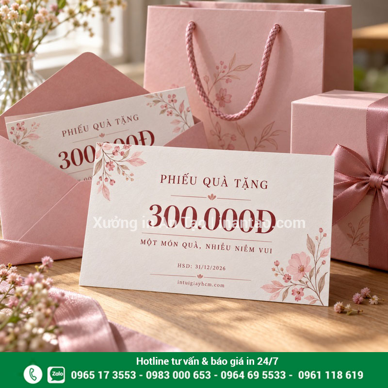 Phiếu quà tặng đồng bộ với túi và hộp giấy Phiếu quà tặng 300.000đ tông hồng phối bao thư, túi giấy và hộp quà