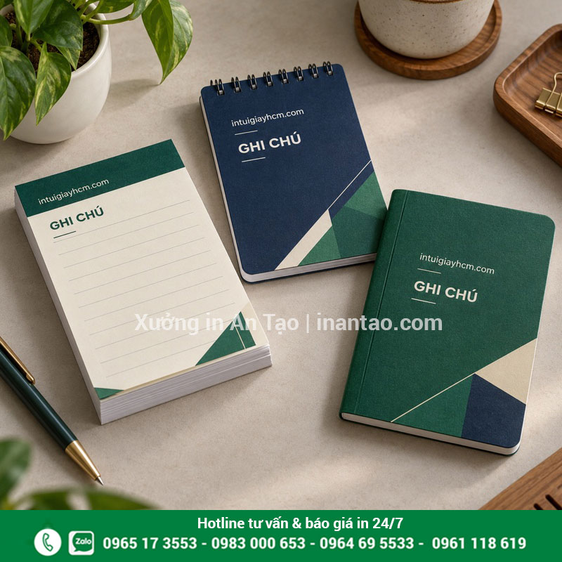 Mẫu thiết kế in sổ note theo yêu cầu Bộ sổ note bìa xanh và giấy ghi chú có thiết kế thương hiệu intuigiayhcm.com
