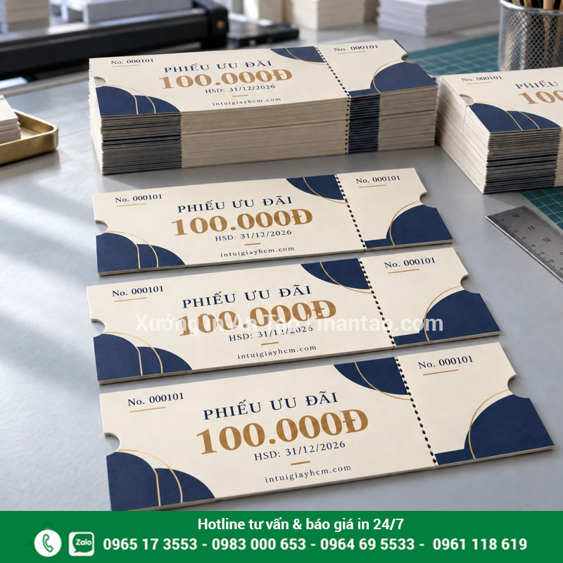 Mẫu voucher có cuống xé và vị trí mã quản lý Mẫu phiếu ưu đãi 100.000đ màu xanh navy có cuống xé và mã trên hai phần