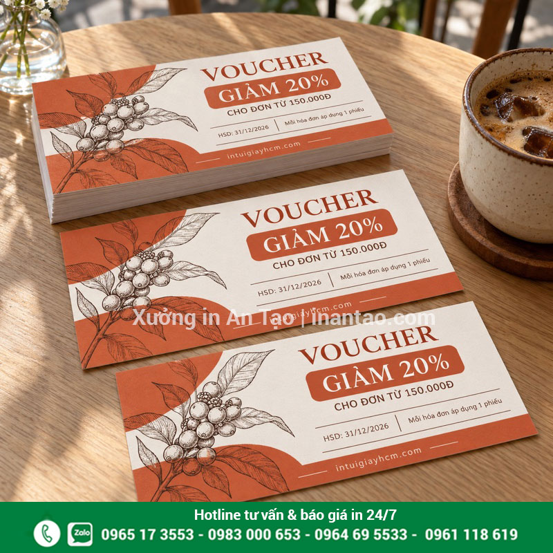 Mẫu voucher giảm giá cho quán cà phê Phiếu giảm giá 20% tông cam đất đặt trên bàn quán cà phê