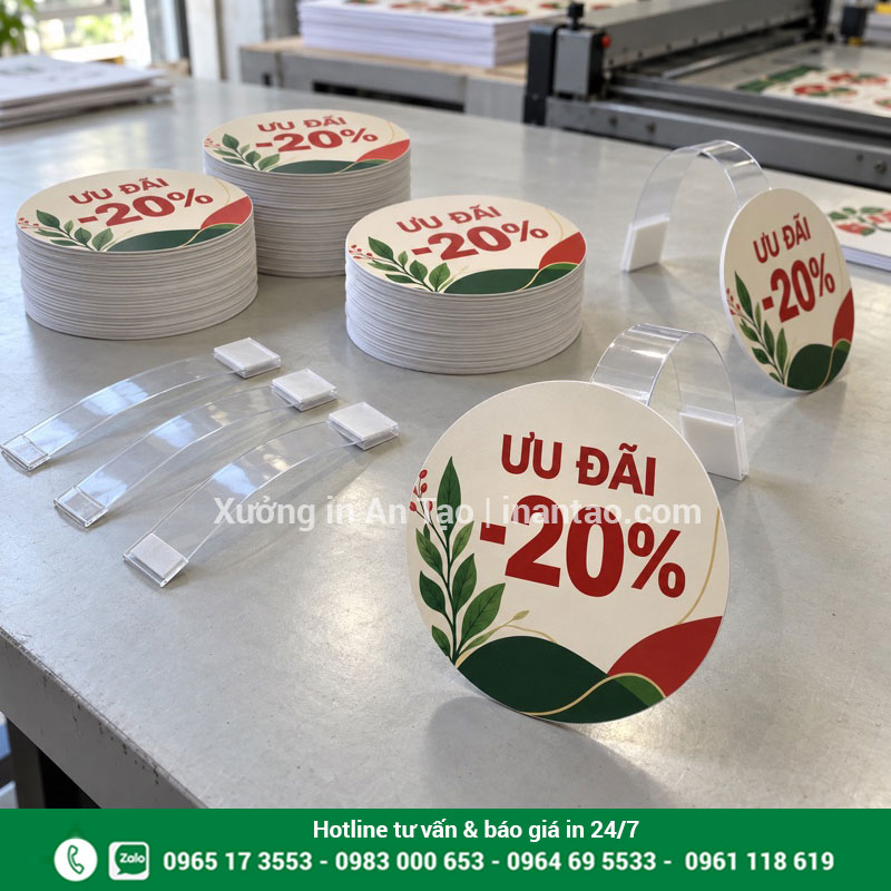 Mặt in wobbler bế tròn và phụ kiện cần nhựa Các mặt in wobbler ưu đãi giảm 20% bế tròn cùng cần nhựa trong