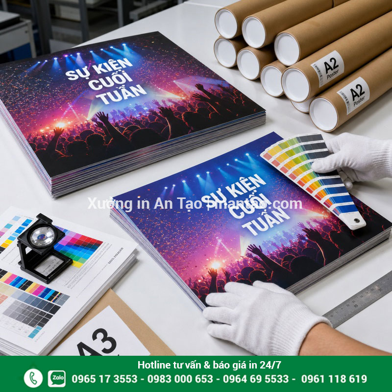 Kiểm tra chất lượng thành phẩm in poster Kiểm tra màu sắc và đóng gói thành phẩm in poster