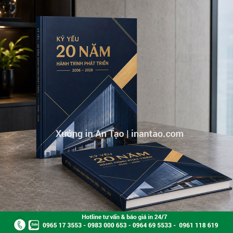 Mẫu kỷ yếu công ty kỷ niệm 20 năm Kỷ yếu công ty kỷ niệm 20 năm với bìa xanh navy và chữ vàng
