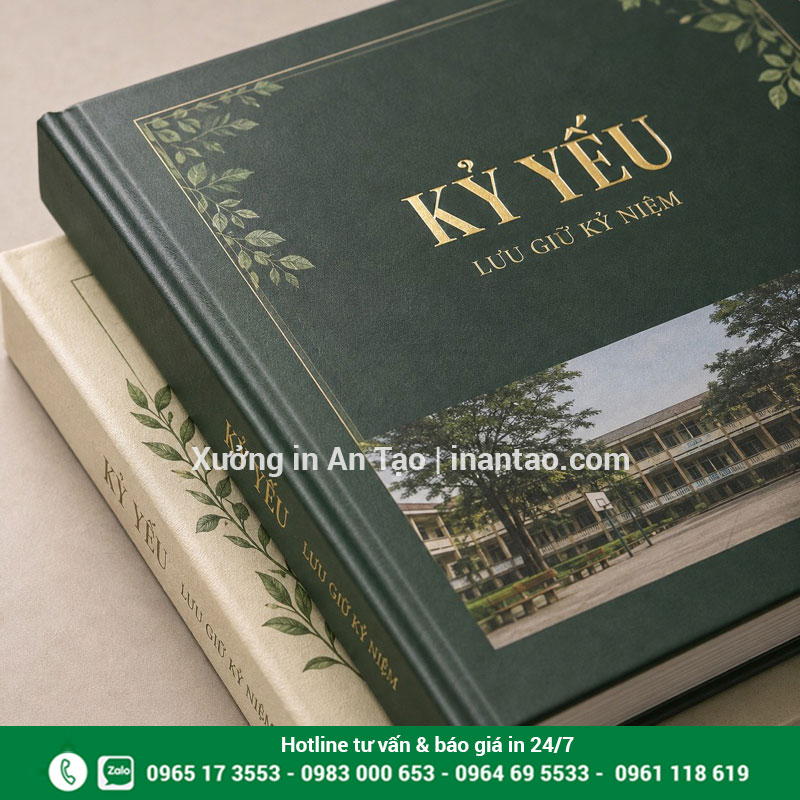 Chi tiết làm bìa kỷ yếu và hoàn thiện gáy Cận cảnh bìa kỷ yếu xanh lá với tiêu đề chữ vàng và chi tiết gáy sách