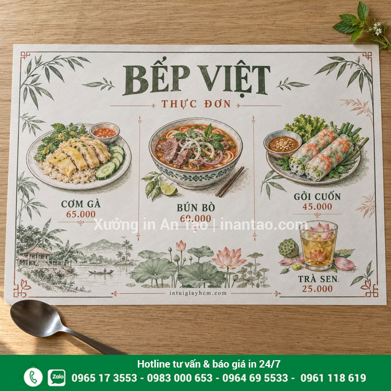 Mẫu tờ lót bàn kết hợp thực đơn món Việt Tờ lót bàn in thực đơn cơm gà, bún bò, gỏi cuốn và trà sen