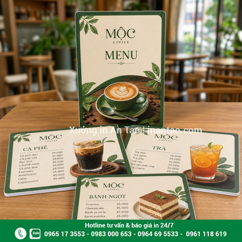 Mẫu menu formex quán cà phê in màu sắc nét Bộ menu formex hoàn chỉnh cho quán cà phê với tấm thực đơn cứng