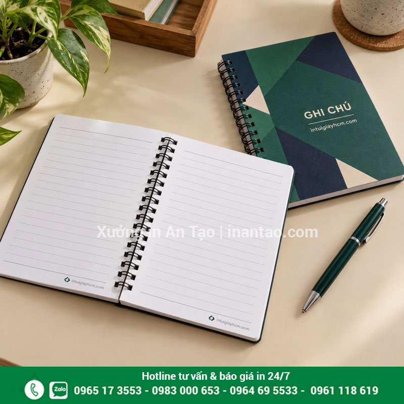 Mẫu sổ ghi chú in logo đóng lò xo Sổ ghi chú lò xo bìa xanh in logo và trang ruột có dòng kẻ