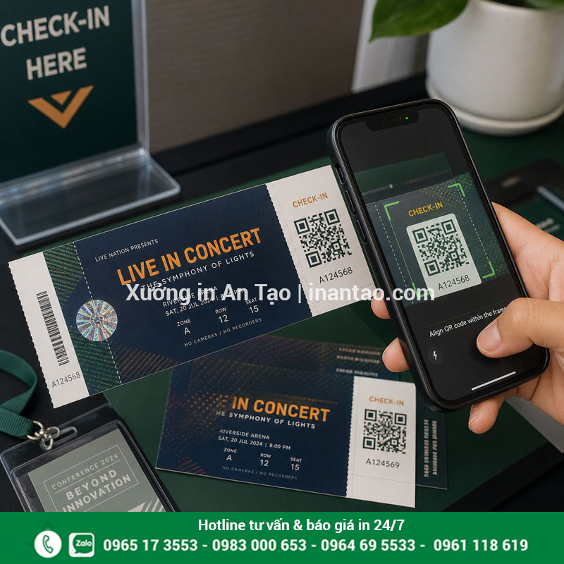 Vé sự kiện có mã QR hỗ trợ check-in Quét mã QR và kiểm tra số thứ tự trên vé sự kiện