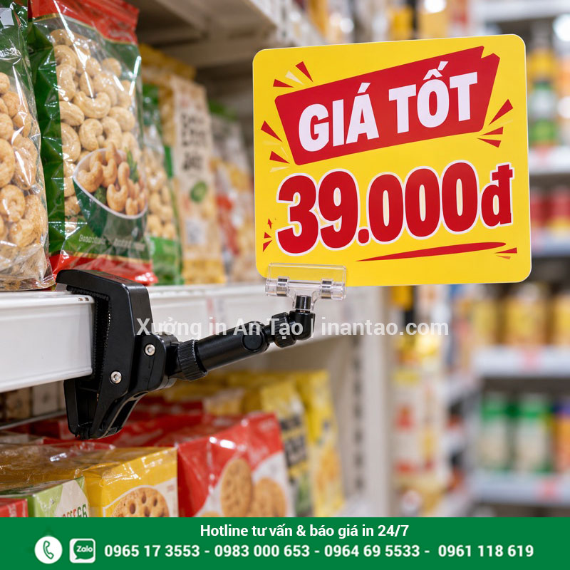 Mẫu wobbler kẹp bảng giá tại siêu thị Wobbler kẹp bảng giá 39.000 đồng với chân kẹp đen và khớp điều chỉnh