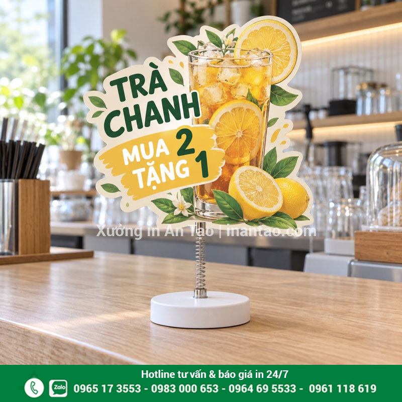 Mẫu wobbler lò xo để bàn cho quầy đồ uống Wobbler lò xo để bàn bế hình trà chanh với nội dung mua 2 tặng 1