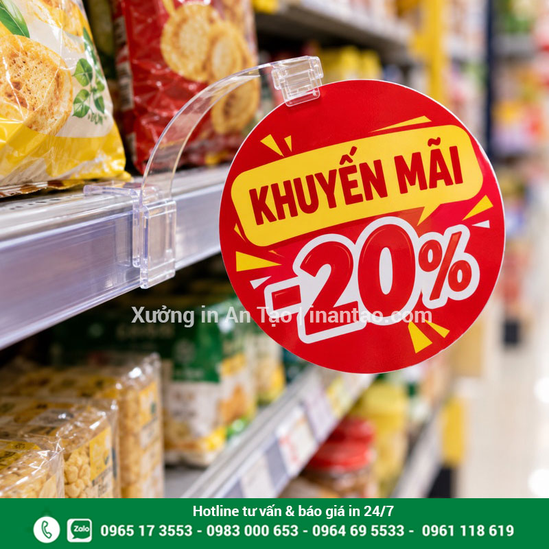 Mẫu wobbler quảng cáo khuyến mãi gắn kệ Wobbler quảng cáo hình tròn in khuyến mãi giảm 20% gắn trên kệ hàng